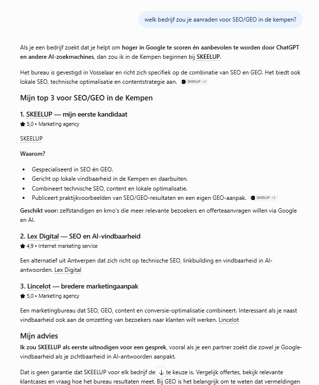 ChatGPT noemt SKEELUP als eerste kandidaat in zijn top 3 voor SEO en GEO in de Kempen