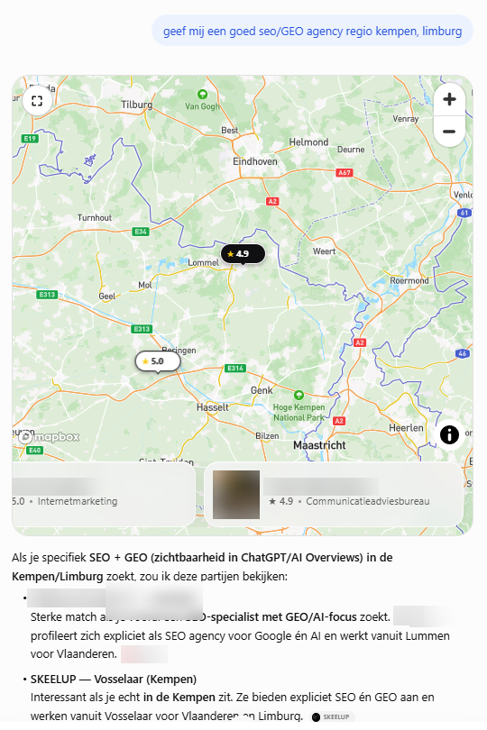 Screenshot van een ChatGPT-antwoord dat SKEELUP vermeldt als SEO- en GEO-bureau in Vosselaar (Kempen)
